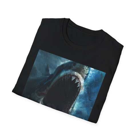 Charcoal cotton crew neck t-shirt with vivid great white shark painting