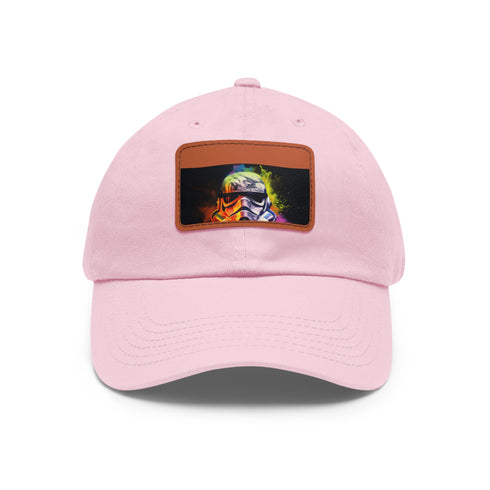 Neon watercolor Storm Trooper baseball cap with light brown patch.