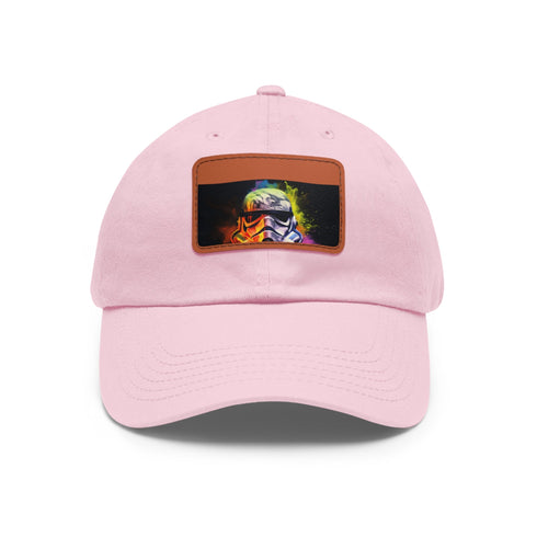 Neon watercolor Storm Trooper baseball cap with light brown rectangle patch.