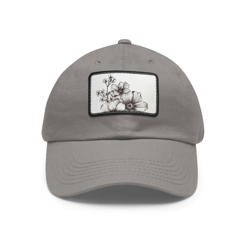 Hand-drawn floral white baseball cap with light brown patch.
