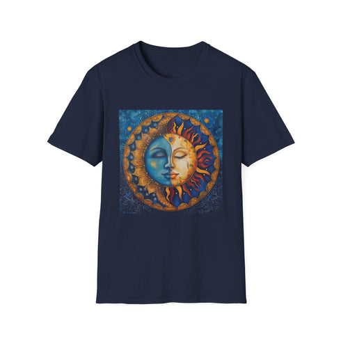 Charcoal t-shirt with sun and moon mandala design symbolizing cosmic balance