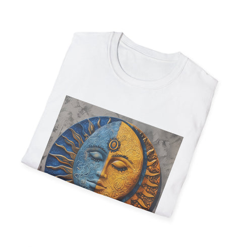 Charcoal cotton t-shirt with intricate mandala sun and moon design