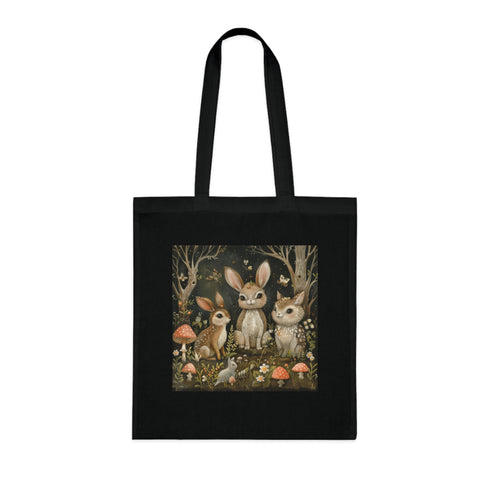 Enchanted Forest Tote Bag in Black Cotton with Woodland Creatures Design.