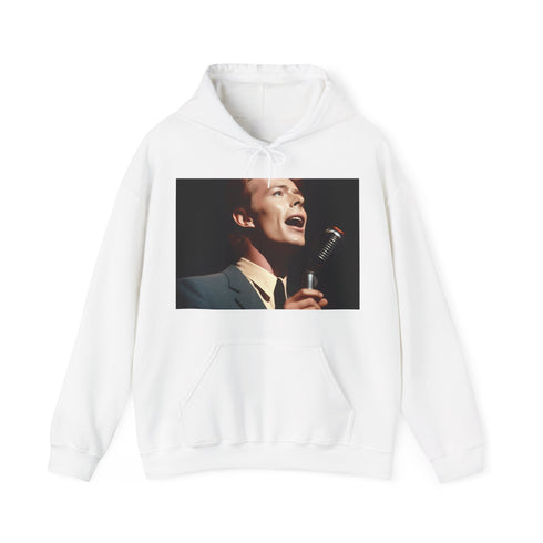 Vibrant navy hoodie featuring David Bowie performing live on stage.