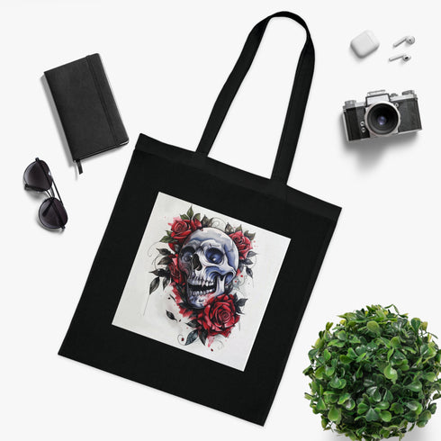 Eternal Rose Tote Bag, Cotton, Black, Skulls and Roses Design