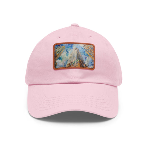 White cotton hat with Chrysler Building watercolor design.
