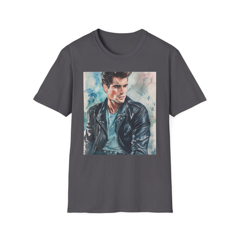 Charcoal t-shirt featuring watercolor Travolta as Danny Zuko with crew neck