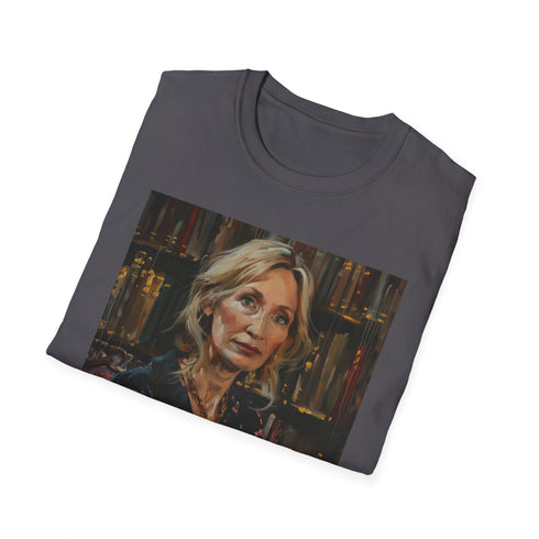 Charcoal cotton crew neck T-shirt featuring vibrant J.K. Rowling inspired painting