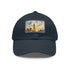 London skyline watercolor baseball cap in white with light brown patch.
