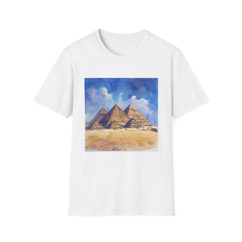 Charcoal cotton T-shirt with Egyptian Pyramids in vibrant watercolor design