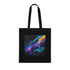 Vibrant neon galaxy burst on black cotton tote bag.