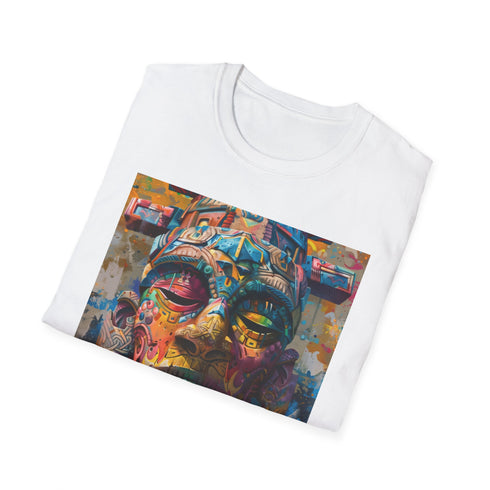 Charcoal cotton T-shirt with vibrant neon tribal mask painting design