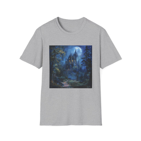 Moonlit castle graphic charcoal cotton t-shirt size small for summer adventure