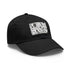 Monochrome black and white baseball cap with repeating pattern design.