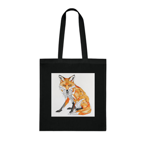 Geometric Fox Cotton Tote Bag, Black Angular Fox Design.