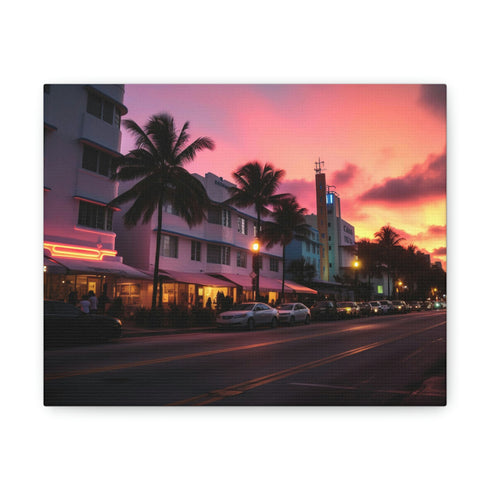 Vibrant Miami Nightscape Skyline Canvas Wall Art. Nature-inspired home decor.