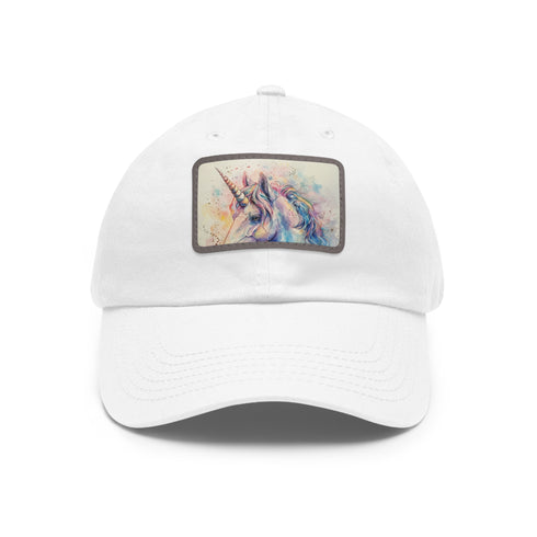 Watercolor Unicorn cap in white with light brown patch, rectangle shape.