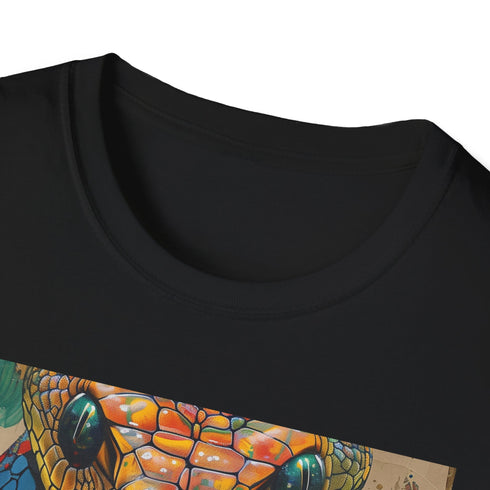 Charcoal cotton T-shirt featuring a vibrant detailed cobra graphics