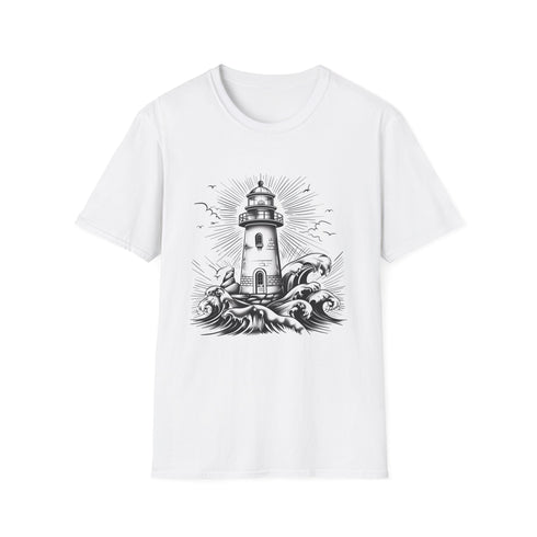 Charcoal cotton t-shirt featuring hand-drawn lighthouse illustration with resilient coastal theme