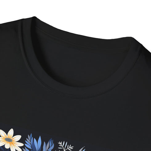 Charcoal cotton T-shirt with vibrant floral tapestry pattern in crew neck style