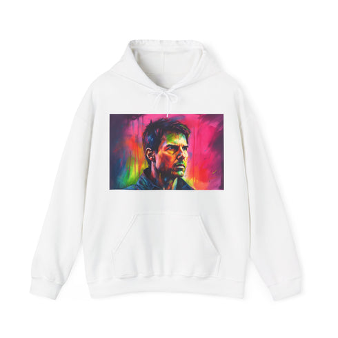 Vibrant neon watercolor Tom Cruise hoodie, navy, regular fit, unisex sweatshirt.