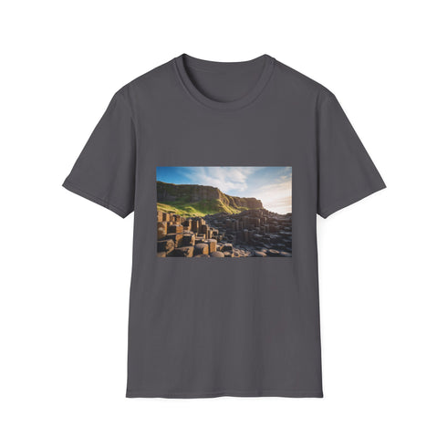 Charcoal cotton T-shirt featuring interlocking basalt columns for a geological allure
