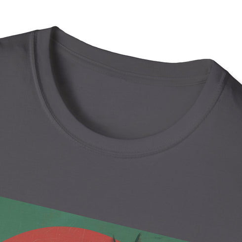 Retro sunset palm trees t-shirt in charcoal, cotton material.