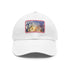 Eiffel Tower watercolor baseball cap in white with light brown patch.