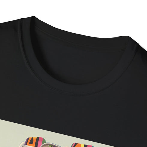 Retro roller skate t-shirt in charcoal with vibrant colorful stripes.