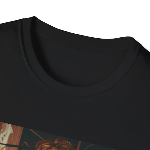 Charcoal cotton crew neck t-shirt with distressed 90s grunge revival design