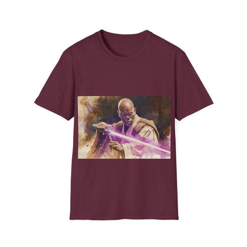 Purple lightsaber tee with Mace Windu design, perfect for Star Wars fans.