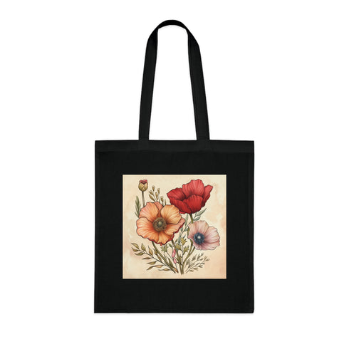 Botanical Sketches Tote Bag in Black Cotton with Hand-Drawn Flowers