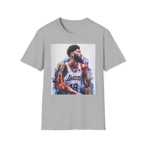 Watercolor Anthony Davis portrait on charcoal cotton T-shirt with crew neck