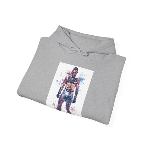 Vibrant navy hoodie with watercolor Conor McGregor illustration.
