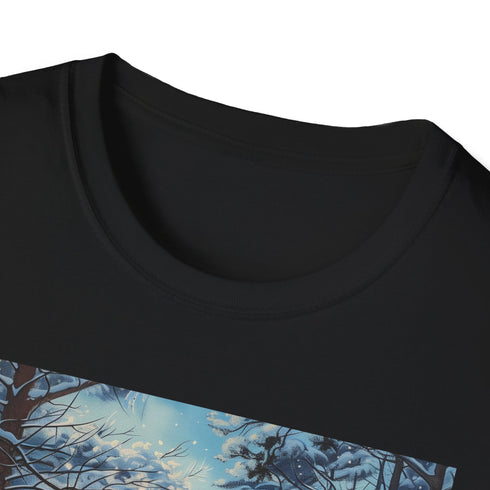 Charcoal cotton t-shirt with winter wonderland painting and regular crew neck