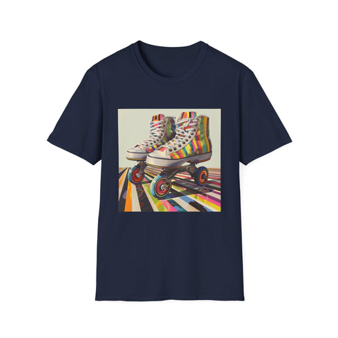 Retro roller skate theme charcoal t-shirt with colorful stripes.