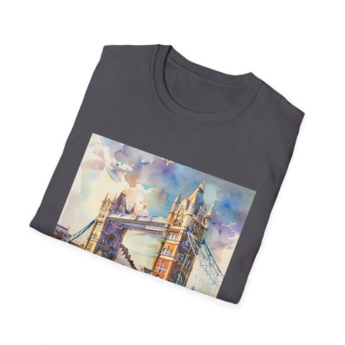 Charcoal cotton t-shirt showcasing Tower Bridge in vibrant watercolor style