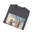 Charcoal cotton t-shirt showcasing Tower Bridge in vibrant watercolor style