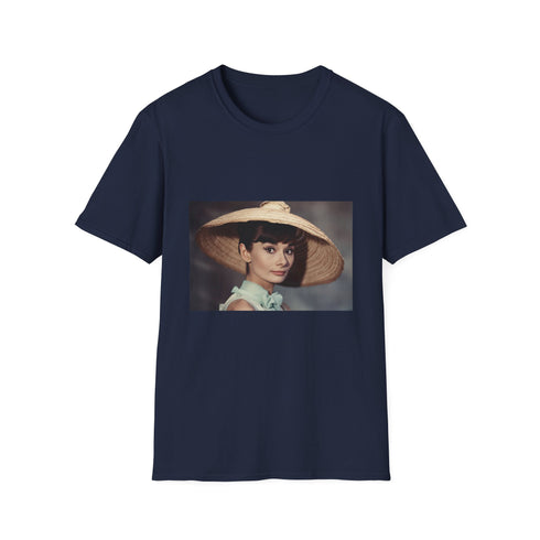Charcoal crew neck t-shirt features Audrey Hepburn graceful vintage-inspired design