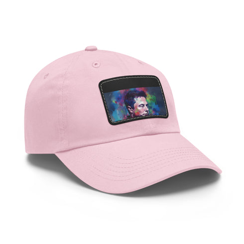Neon Dreams Elon Musk watercolor baseball cap, white/light brown patch, rectangle.