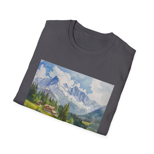 Watercolor Swiss Alps charcoal t-shirt textured cotton fabric for serene style