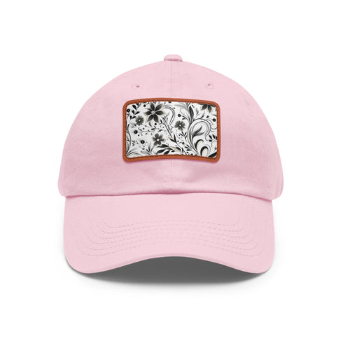 Monochrome baseball cap with repeating pattern design and rectangle patch.