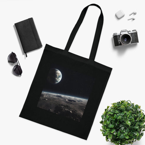 Earthrise Tote Bag - Black Cotton Tote with Earth View.
