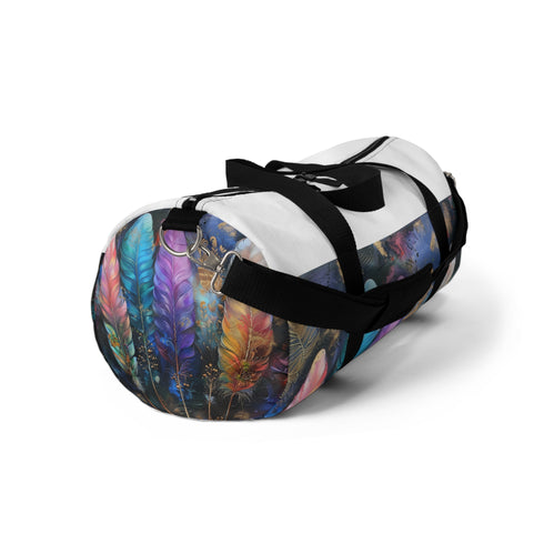 Bohemian feather duffel bag, perfect for weekend getaways.