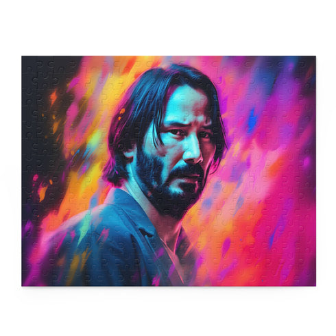 Vibrant Keanu Reeves puzzle with neon watercolor design and 120 pieces.