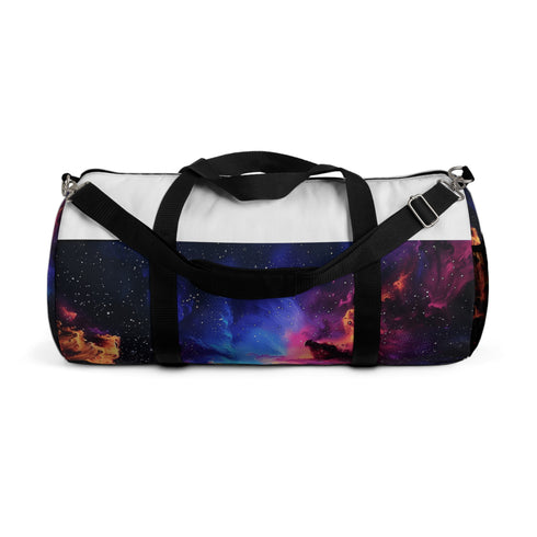 Neon galaxy duffel bag with vibrant space design for on-the-go travelers.