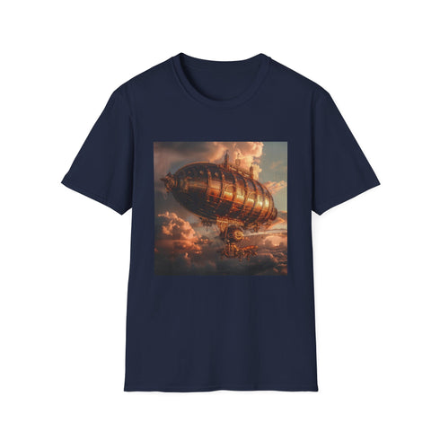 Steampunk airship voyage t-shirt in charcoal, size small, unisex fit.