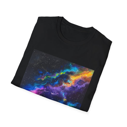 Charcoal cotton t-shirt with vibrant galaxy pattern and crew neck design
