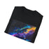 Charcoal cotton t-shirt with vibrant galaxy pattern and crew neck design