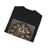 Steampunk clockwork design charcoal t-shirt with intricate gear motif.